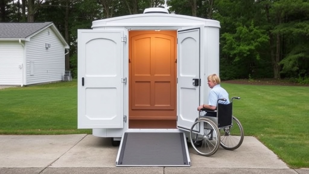ADA accessible portable toilet unit with accessibility symbol and ramp