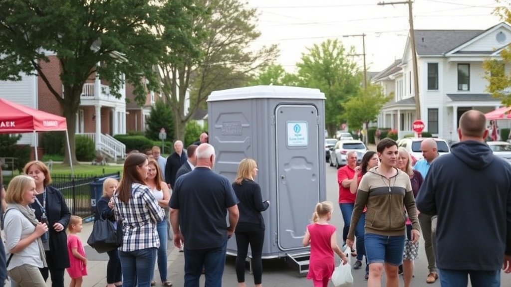 Neighborhood block party with portable restroom station set up on residential street