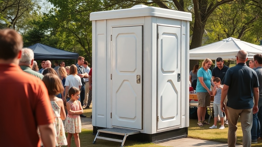 Clean portable restroom unit at church outdoor event with families in background