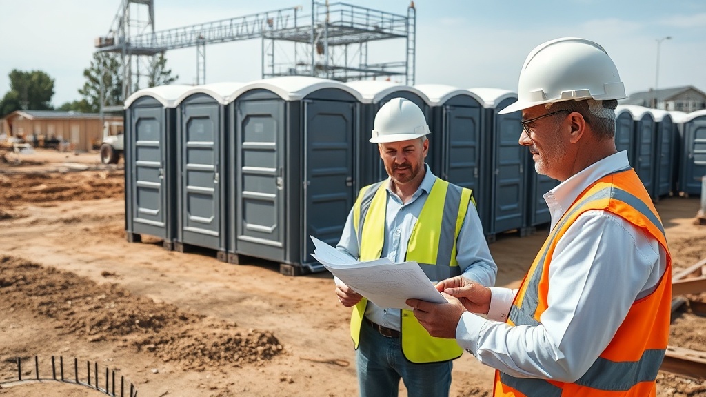 Construction workers at job site with portable toilet facilities in background