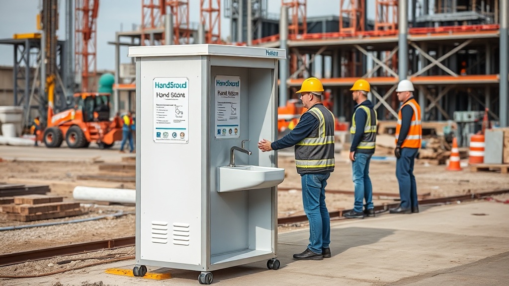 Clean construction site sanitation station with compliance checklist posted