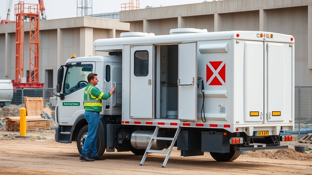 Well-organized construction site with clean portable toilet station and handwashing facilities