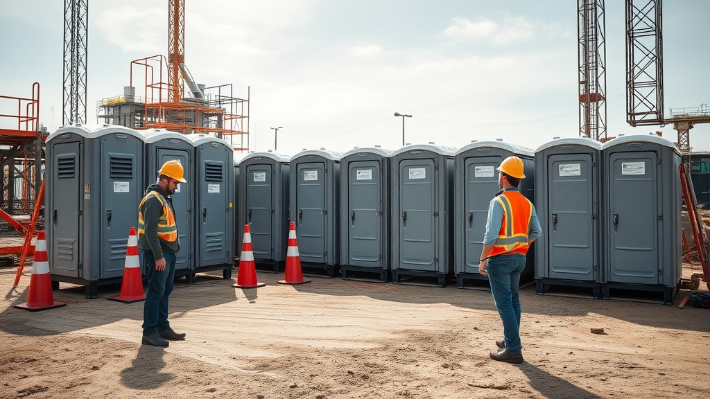 OSHA compliant portable toilets at active construction site with safety signage