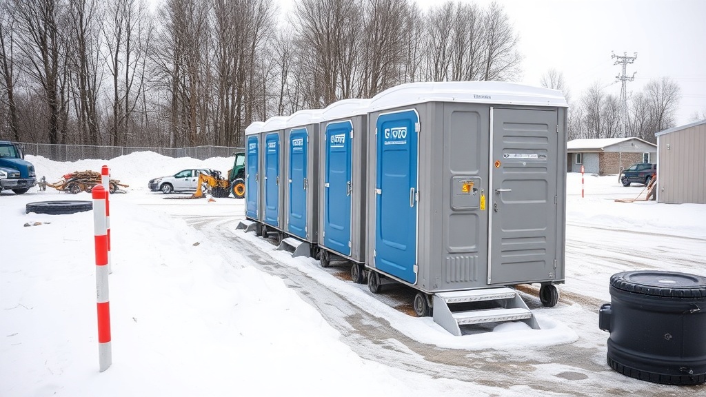 Portable toilets at winter construction site with snow visible