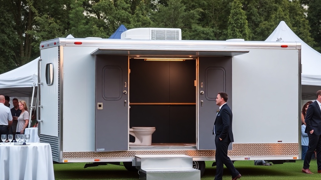 Professional portable restroom trailer at corporate outdoor event with company tent
