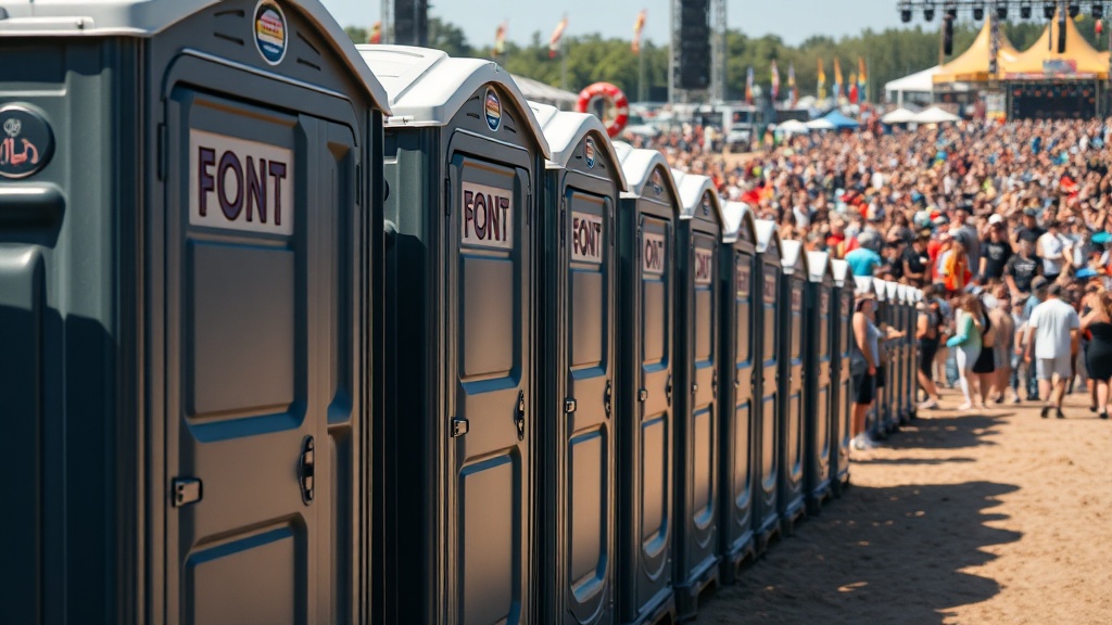 Row of portable toilets at outdoor music festival with crowd in background