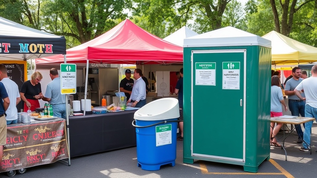 Food festival vendor area with portable handwashing station and restroom signage