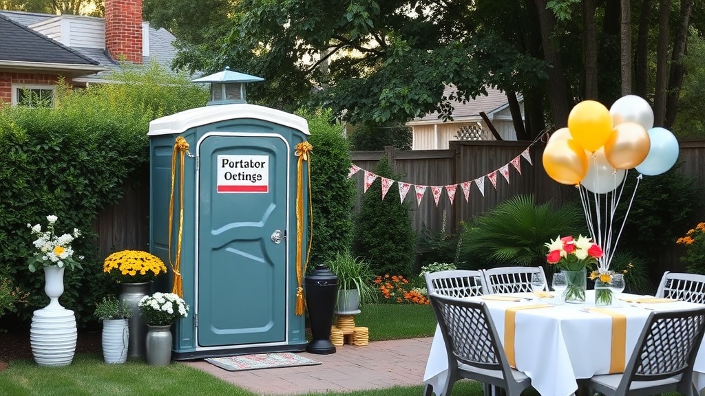 Backyard graduation party with discrete portable restroom setup