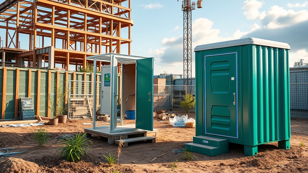 Construction site in different phases with portable toilet stations visible