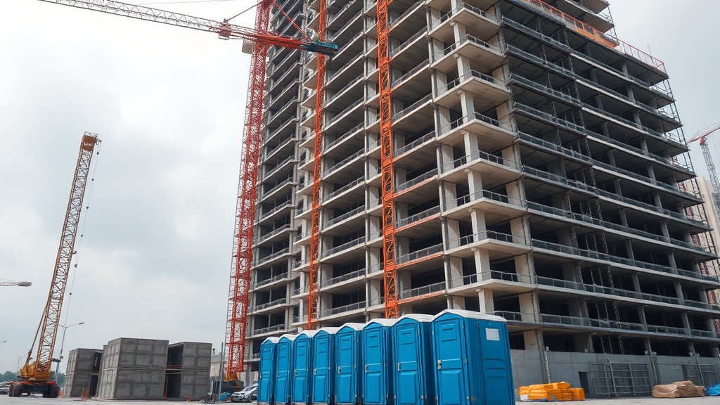 High-rise building under construction with portable facilities at base
