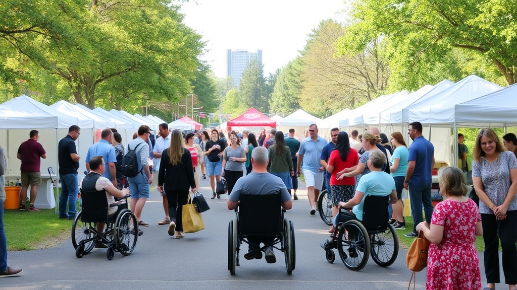 Diverse attendees at inclusive event with accessible facilities visible