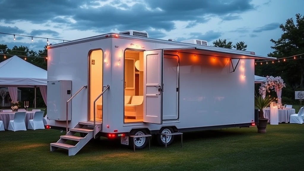 Side by side comparison of standard portable toilet and luxury restroom trailer
