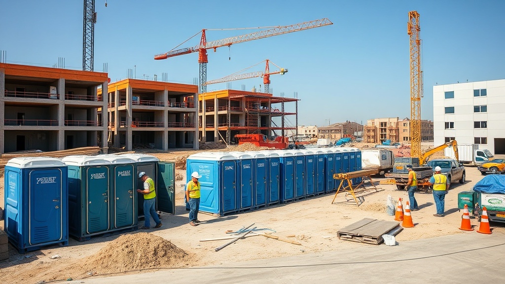 Portable handwashing station at construction site near portable toilets
