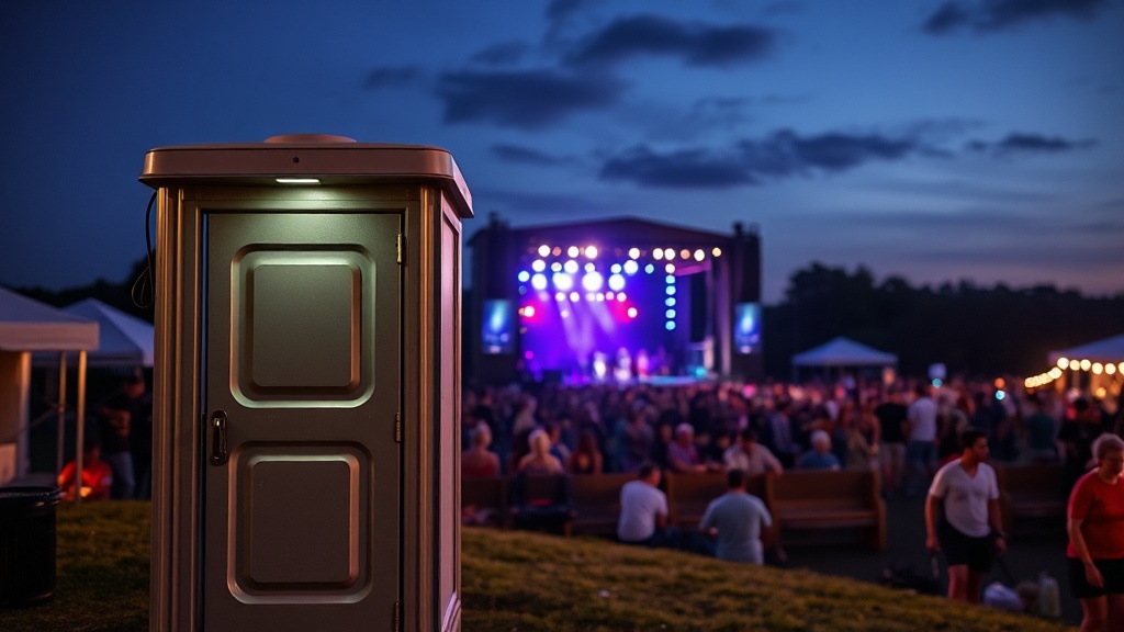 Portable restroom station at outdoor concert venue with stage lights in background