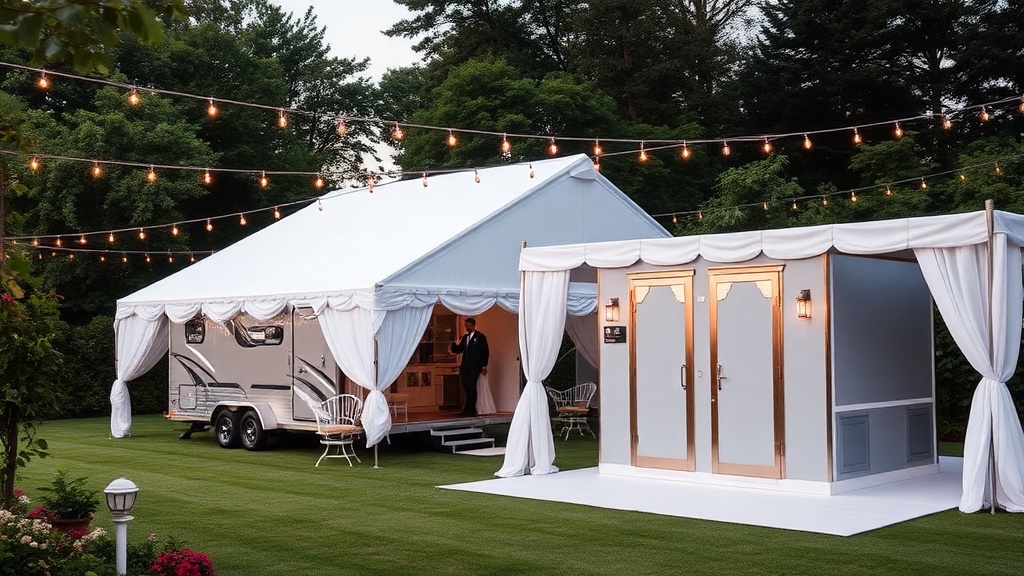 Elegant portable restroom setup at outdoor wedding venue - premium sanitation for your special day