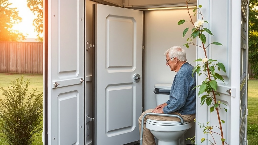 Festival grounds with multiple accessible restroom stations visible