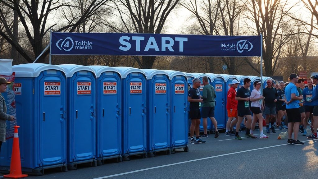 Portable toilets lined up at marathon race start line with runners gathering