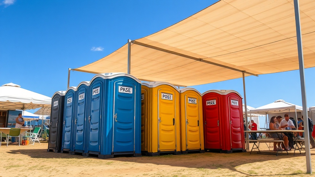 Portable toilets at sunny summer outdoor event with shade covering