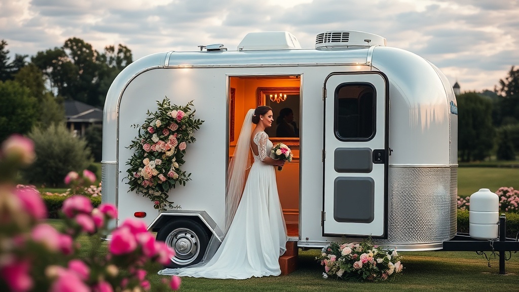Elegant luxury restroom trailer at outdoor wedding venue with decorative landscaping