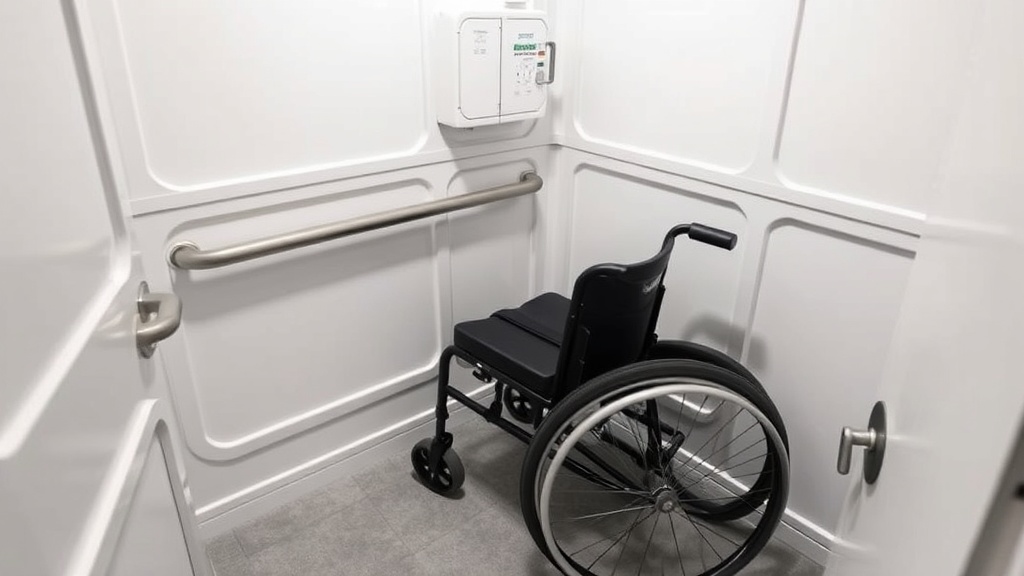 Interior of wheelchair-friendly portable restroom showing spacious design