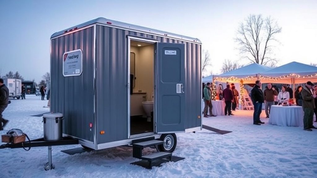 Portable restroom trailer at winter outdoor event with snow visible